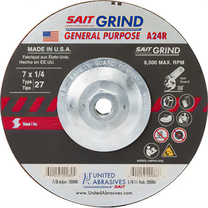 7 X 1/4 X 5/8-11 GRINDING WHEEL TYPE 27 ALUM OXIDE (METAL) - 3/16" & 1/4" Grinding Wheels