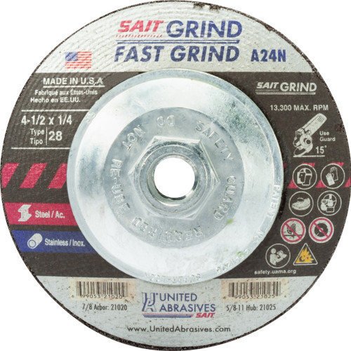 4 1/2 X 1/4 X 5/8-11 GRINDING WHEEL TYPE 28 ALUM OXIDE (METAL/SS) - 3/16" & 1/4" Grinding Wheels